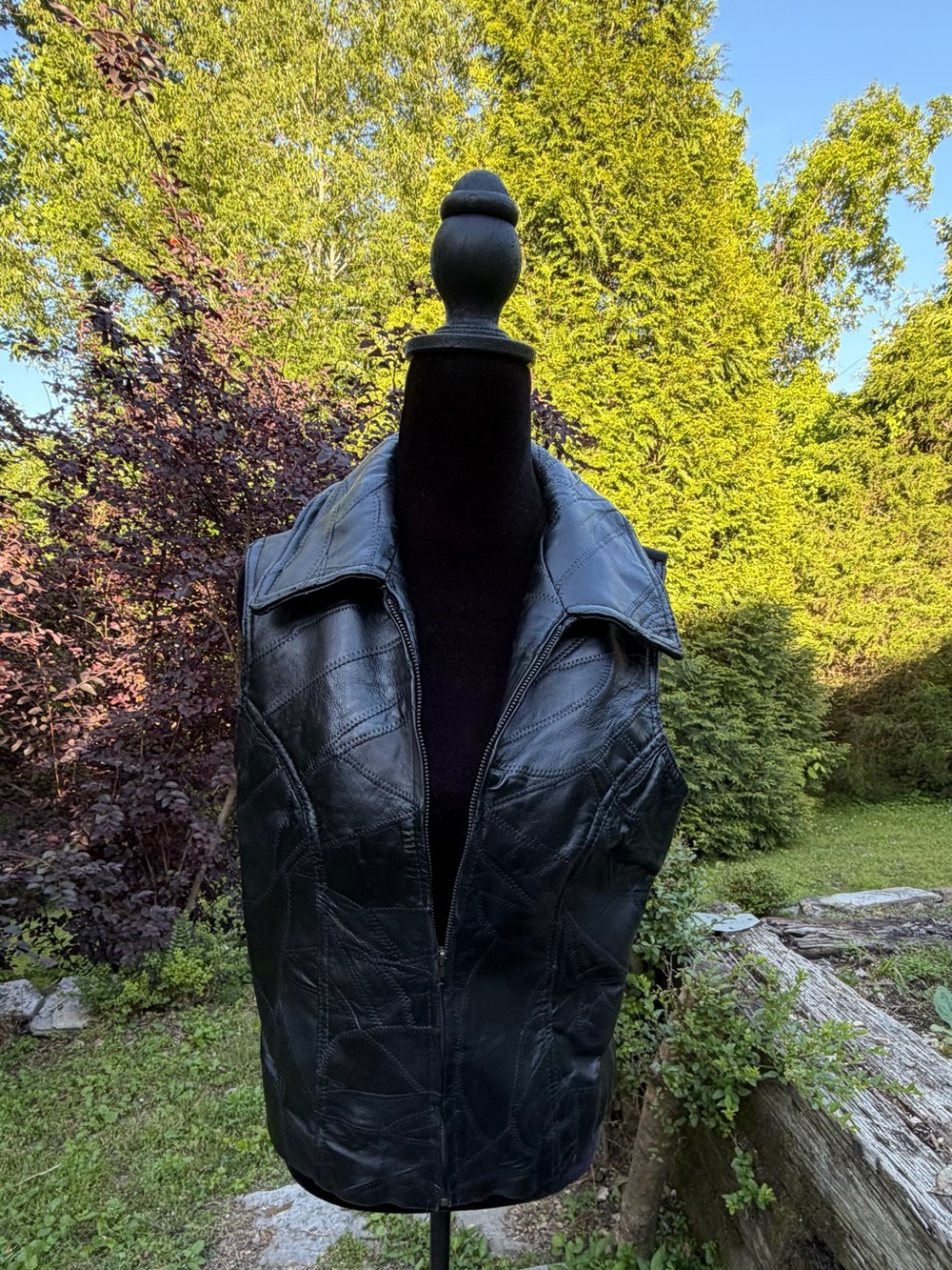 Women's Black Leather Patchwork Vest with Collar